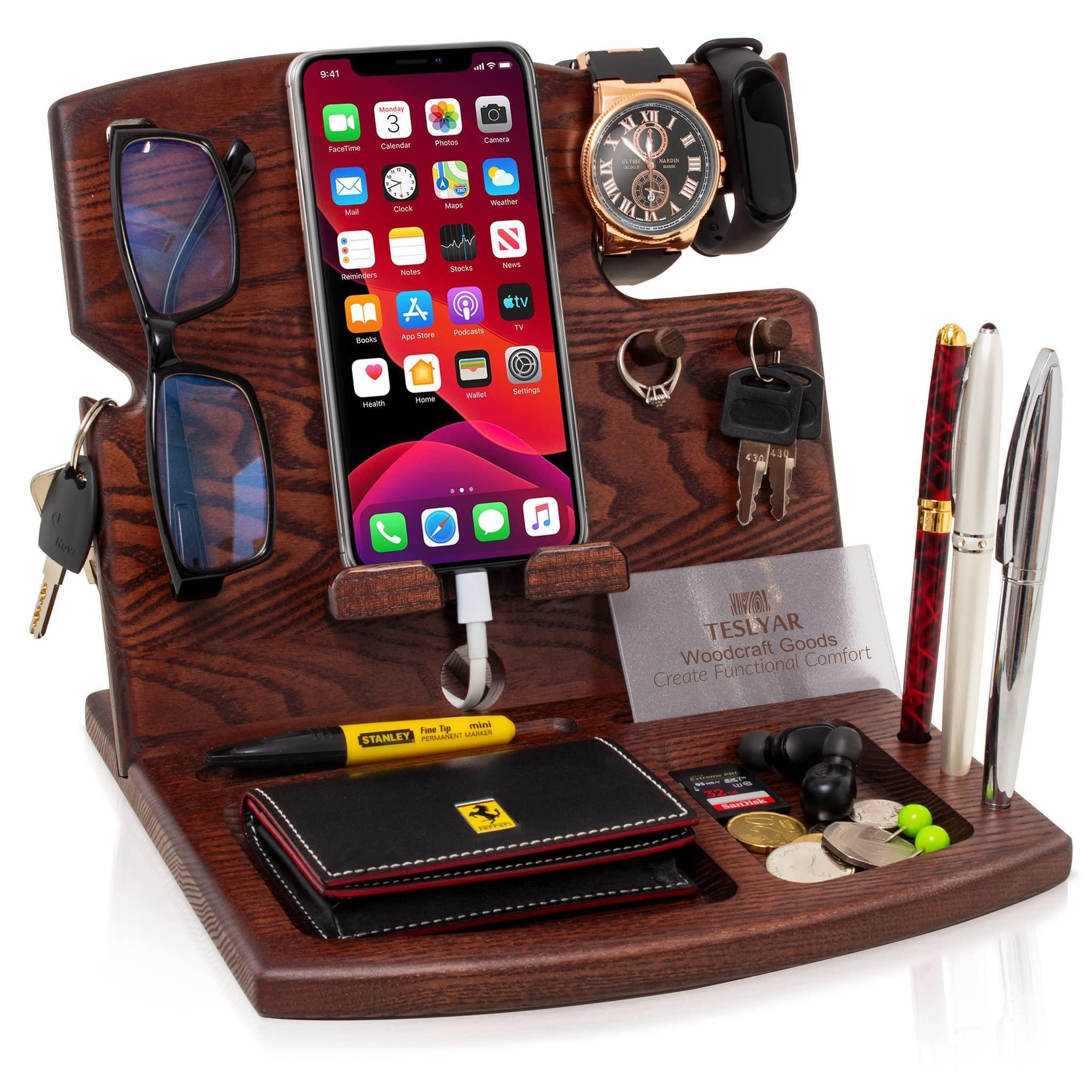 Wood Phone Docking Station Ash Key Holder Wallet Watch Stand Gadgets Organizer